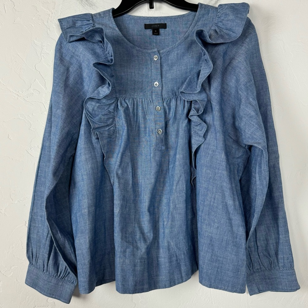 J. Crew Chambray Ruffle Front Button Blouse in Light Blue